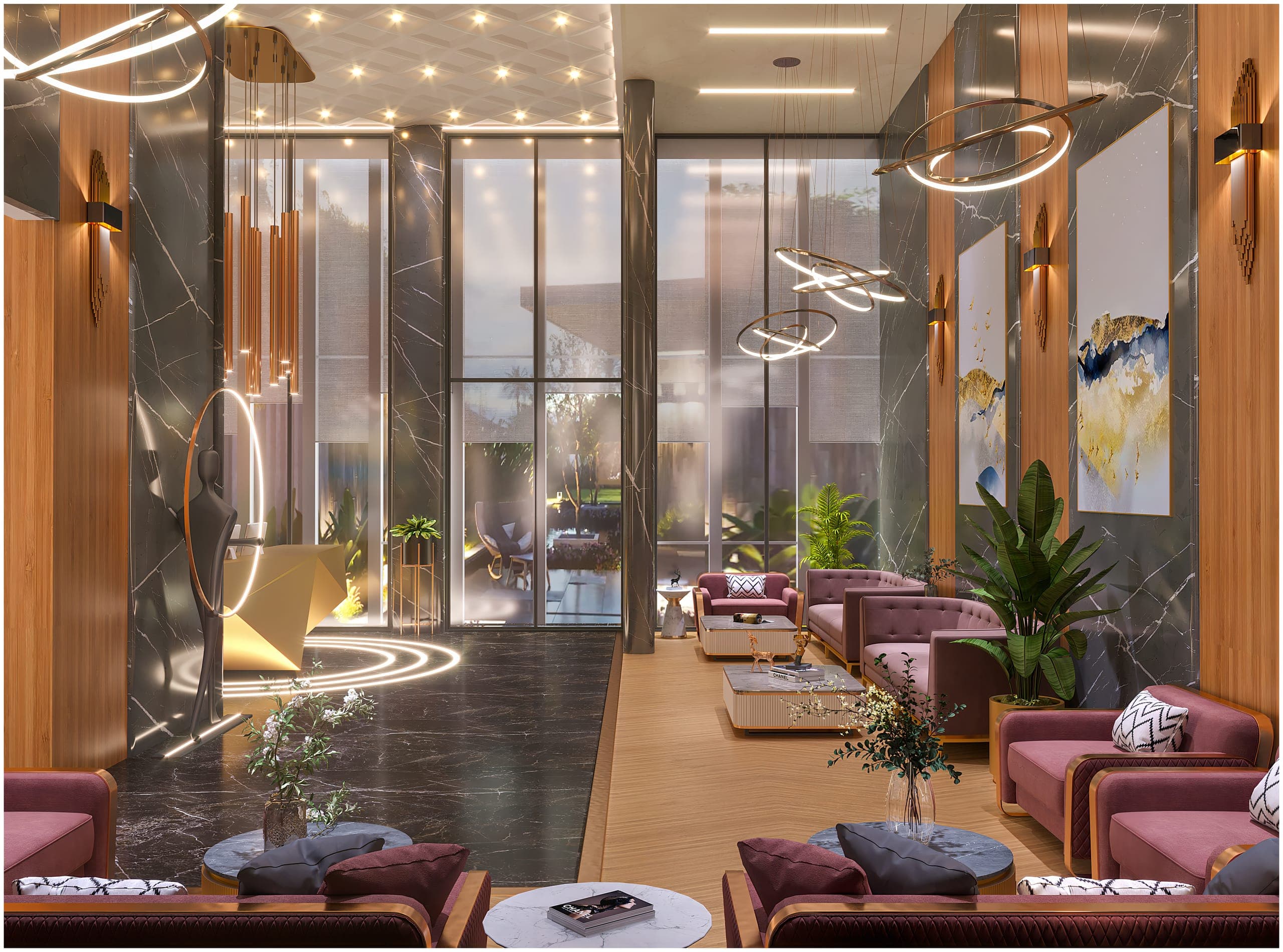 The double-height welcome lounge at Kukreja Embassy II, marble and gold