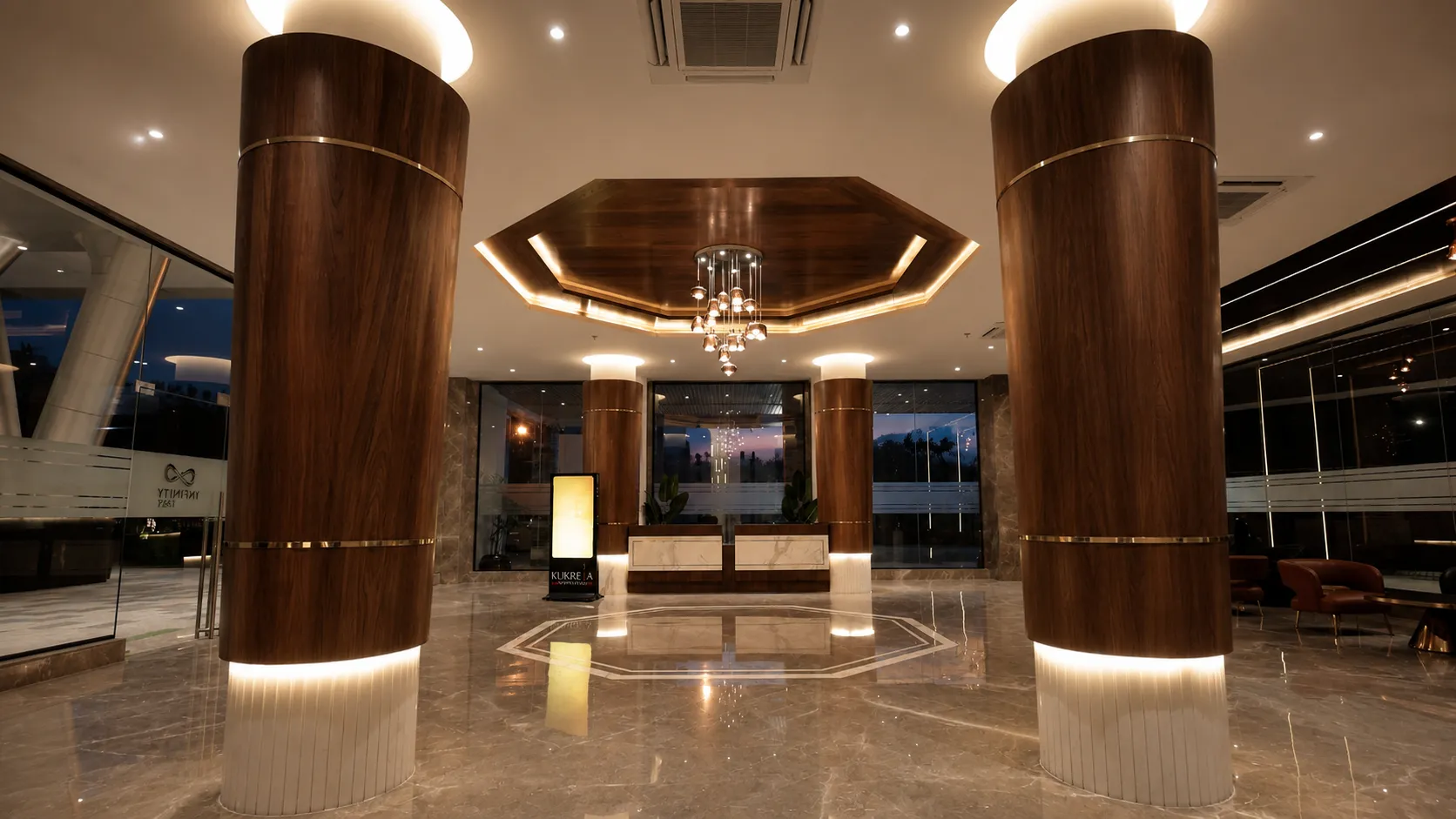 The double-height reception lobby at Kukreja Infinity East