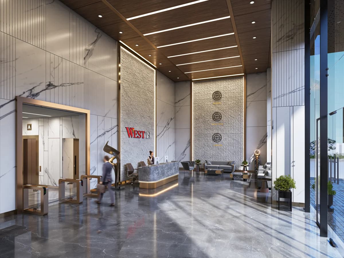 The double-height entrance lobby at West 19