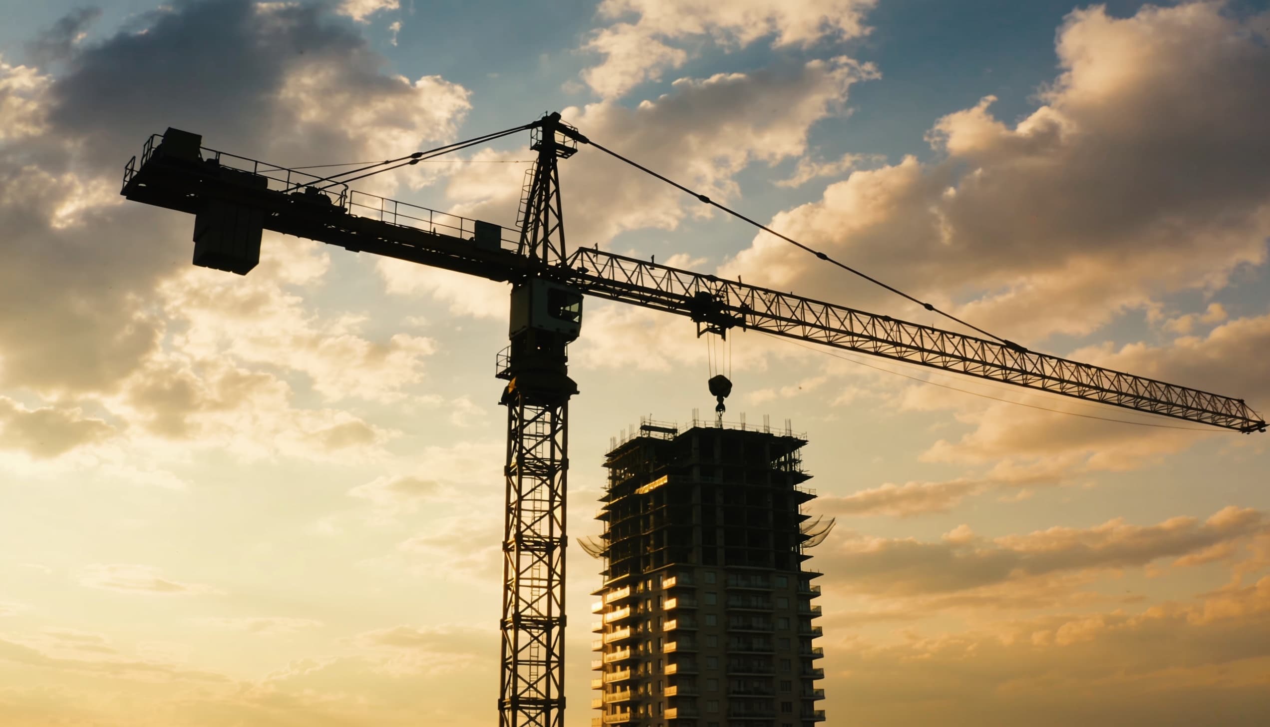 A tower crane over a Kukreja site at sunset