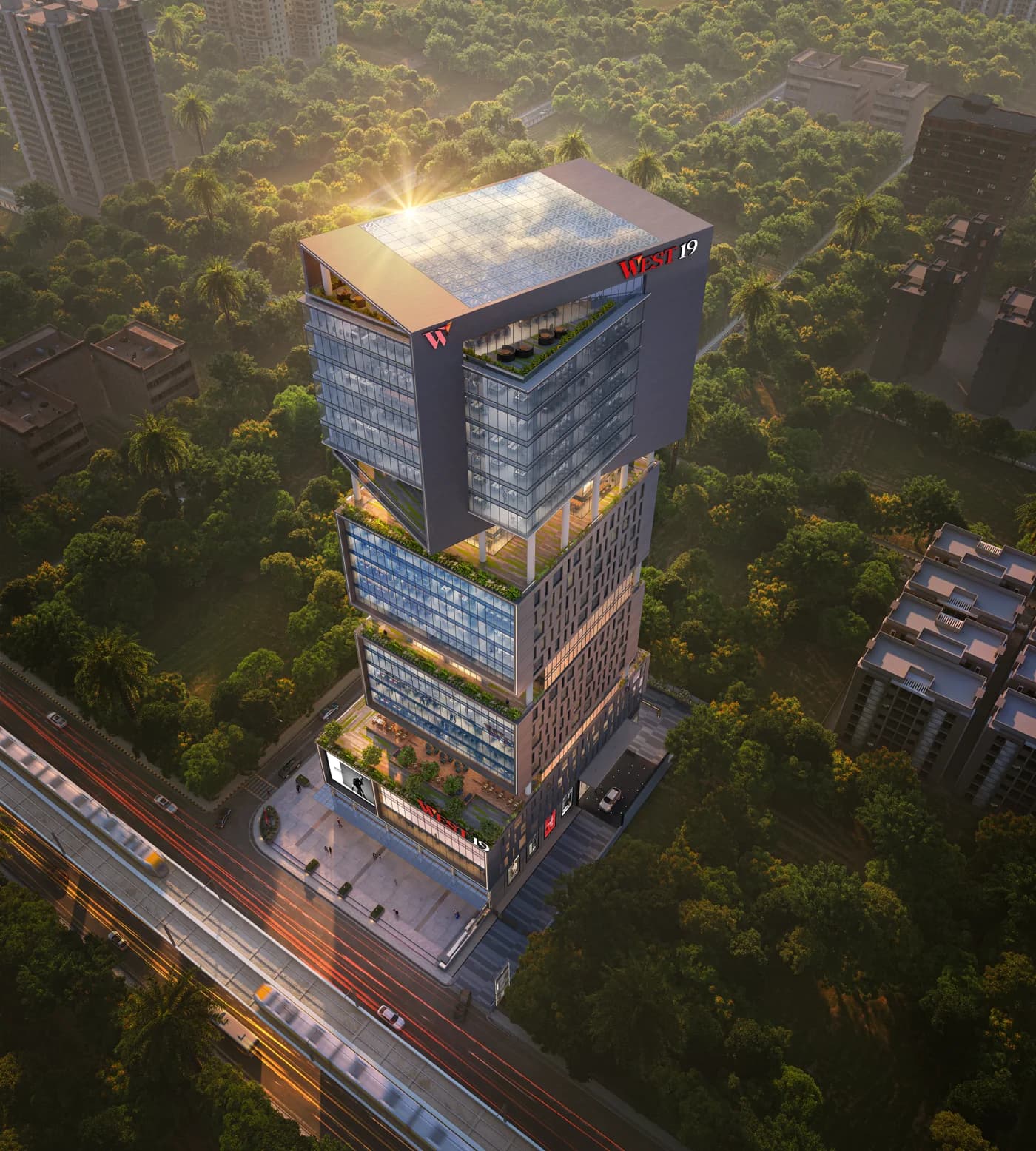 West 19 seen from the air at dusk